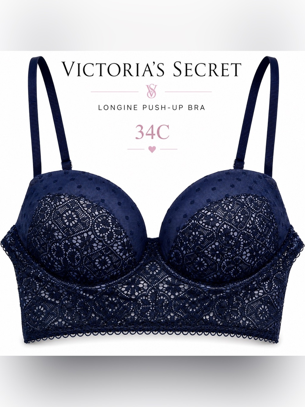 Victoria's‎ Secret Lace Longline Push Up Bra Navy Blue Criss Cross Back S/34C